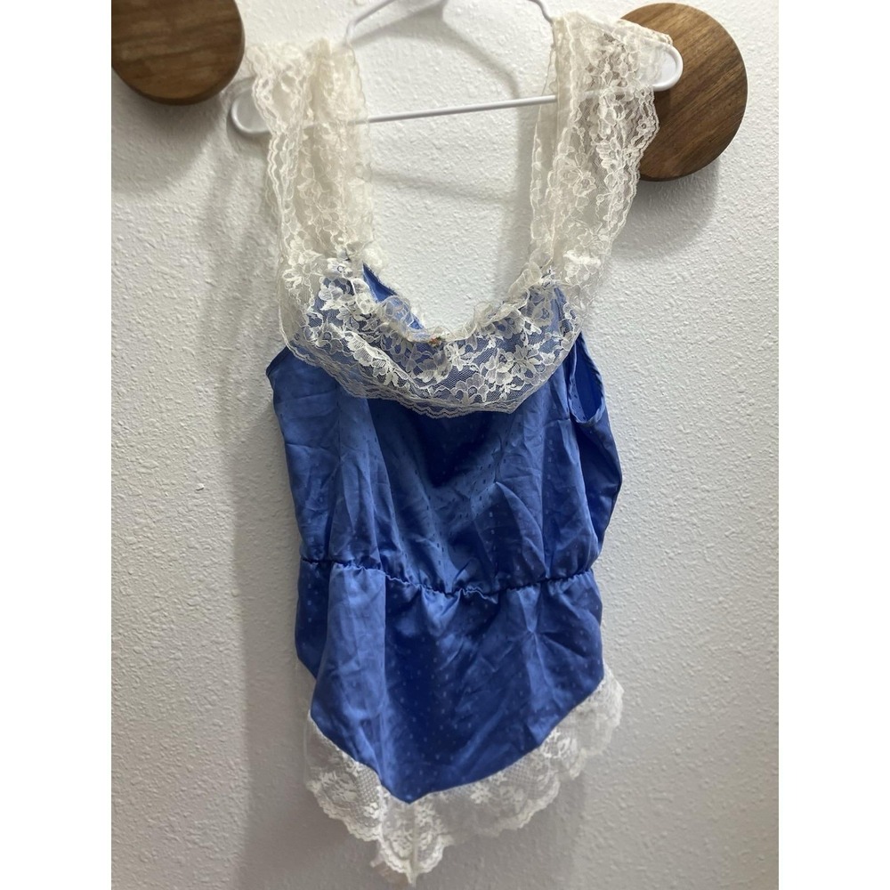 Vintage‎ Blue Shiny Satin Texture Slip Teddy Bodysuit Floral Lace Size M